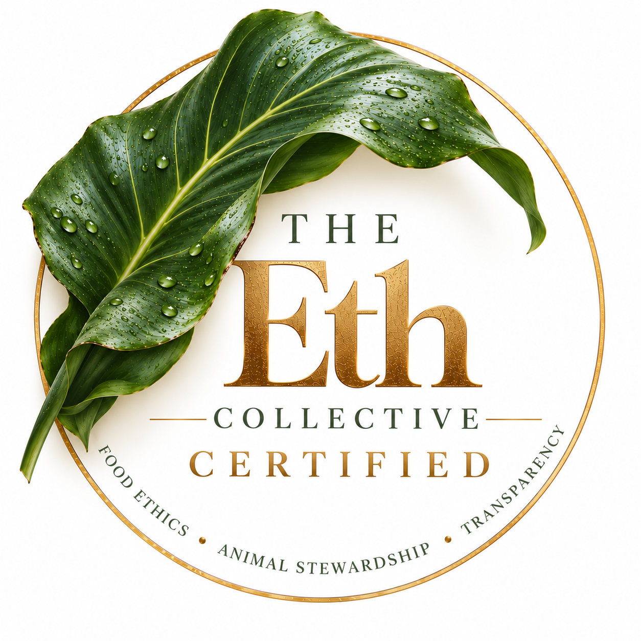 The Eth Collective Certified seal, with a green botanical leaf and gold lettering
